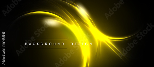 Abstract yellow energy flow. Dynamic curves create bright focal point against dark backdrop. Modern design element.