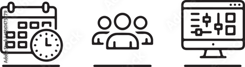 Bold line drawing business icons calendar clock people computer control panel productivity management concept illustration