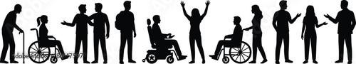 Silhouette of people with mobility aids and standing individuals interacting in various poses, showcasing inclusion and accessibility in daily life.