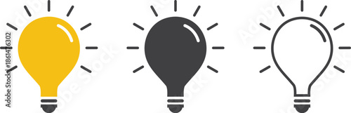 Simple black and white light bulb set icons isolated on white background | Creative idea and innovation symbol represented by a minimalist light bulb icon | Minimalist line art light bulb icon 