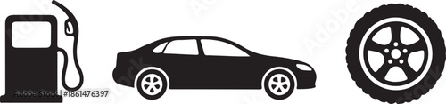 Silhouette business icons gas nozzle car wheel transportation energy concept illustration