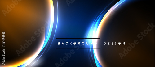 Abstract background features glowing lines, curves. Blue, orange hues dominate dark space. Text reads background design. Minimalist, modern aesthetic.