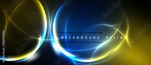 Abstract design features glowing curves, vibrant blue, yellow hues against dark backdrop. Modern aesthetic, dynamic energy.