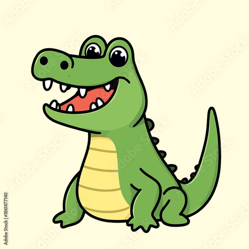 A cartoon alligator is sitting and smiling happily in a simple background.