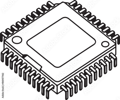 Integrated circuit (IC) chip line drawing in isometric view.