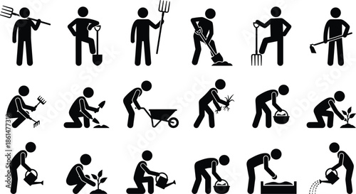 Silhouettes of agricultural workers using various tools like shovels, rakes, and watering cans for planting, digging, and growing plants in the garden.