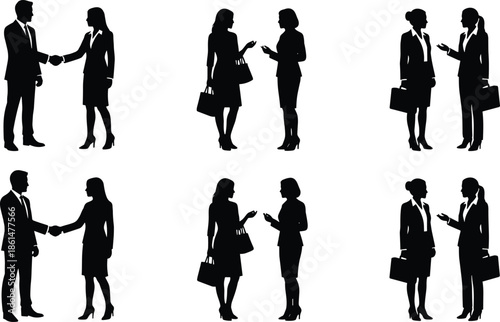 Silhouettes of business people interacting in professional settings, including handshakes, discussions, and meetings with briefcases and handbags.