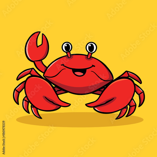 A vibrant red cartoon crab smiling on a bright yellow background illustration