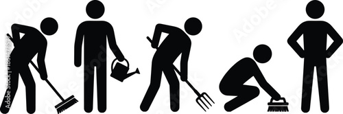 Silhouettes of individuals performing various gardening and cleaning tasks, including sweeping, watering, and planting, in a simple, minimalist design