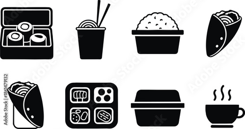 Black and white of various takeout food containers and dishes 2