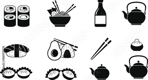 Black and white japanese food sushi rolls noodles bowl chopsticks