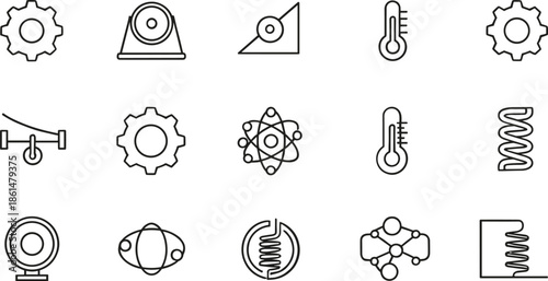 Black and white line of mechanical and scientific symbols line black and white gears