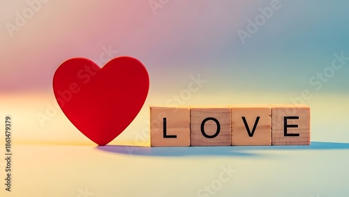 A red heart and wooden blocks with love
