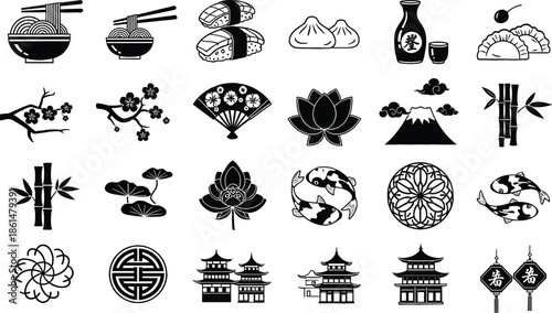 Black and white japanese themed including food buildings and nature sushi dumplings