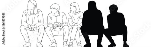 Black and white of people sitting in a row line silhouettes