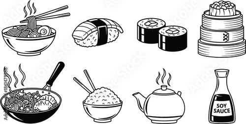 Black and white of various Asian food sushi noodles rice soy sauce