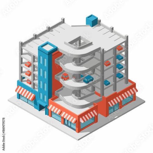 Isometric Parking Garage with Cars and Shops.