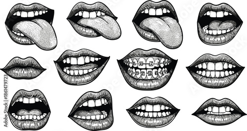 Black and white of various mouths and lips teeth tongues