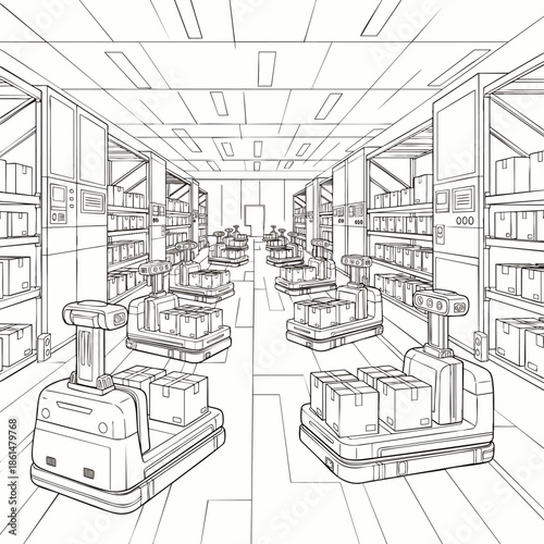 Futuristic automated warehouse with autonomous mobile robots moving packages on shelves, illustrating advanced logistics and supply chain technology in a modern industrial setting.