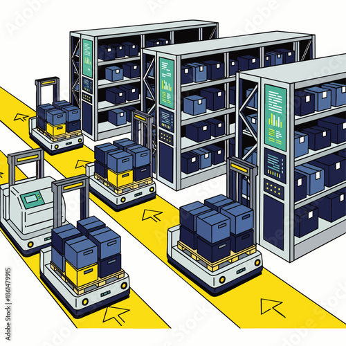 Automated warehouse with robots and shelves, modern logistics and supply chain concept, digital technology in industry