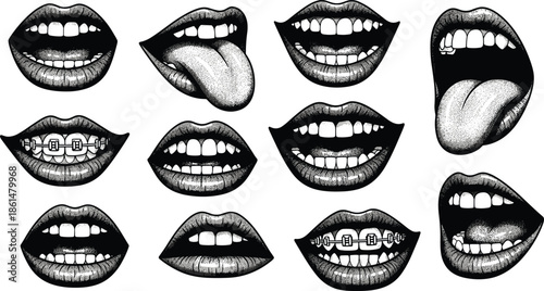 Black and white of various mouths with teeth and tongues lips