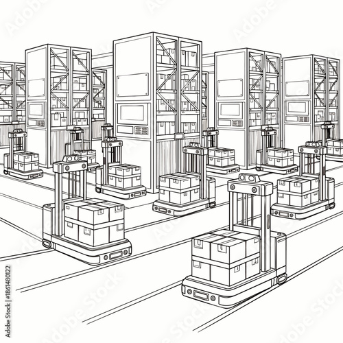 Automated Guided Vehicles (AGVs) moving boxes in a modern warehouse, illustrating logistics and automation in industry.