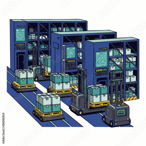 Automated warehouse with forklifts and robotic carts moving boxes, modern logistics and industry concept