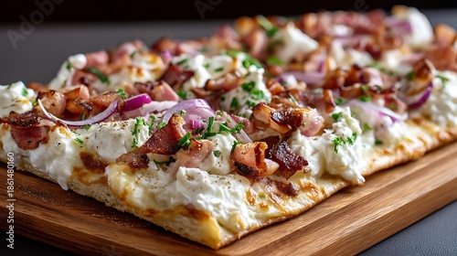 Flammkuchen, a traditional French tarte flamb?(C)e from Alsace, topped with cream cheese, bacon, and onions, ready to be served as a delicious savory treat.