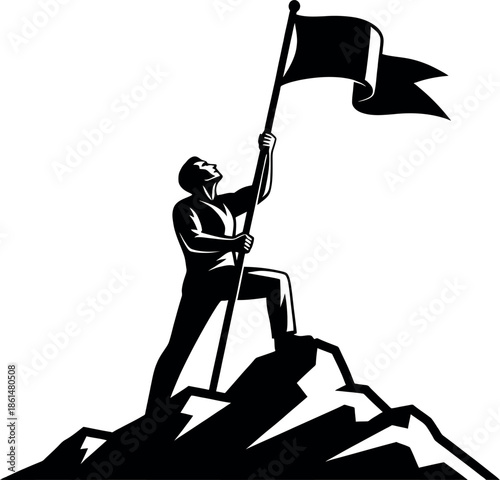 Man standing on mountain peak waving a flag in the air
