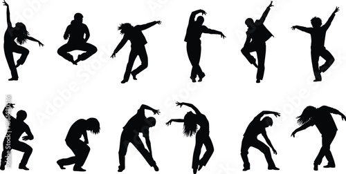 Black silhouettes of people dancing on white background dance