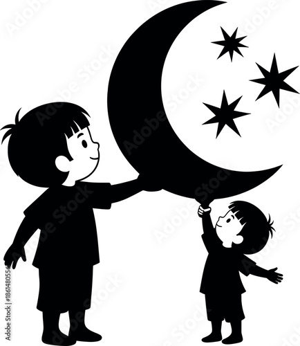 Silhouette of two children holding a crescent moon and stars in the night sky