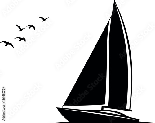 Black silhouette of a sailboat on the water with birds flying overhead