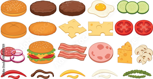 Burger ingredients including buns cheese lettuce tomato onion pickles hamburger food