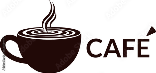 Black silhouette of a steaming cup of coffee with cafe text logo