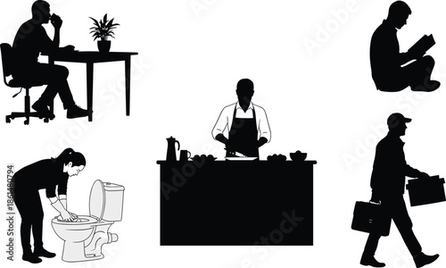 Black silhouettes of people in various occupations and activities office worker