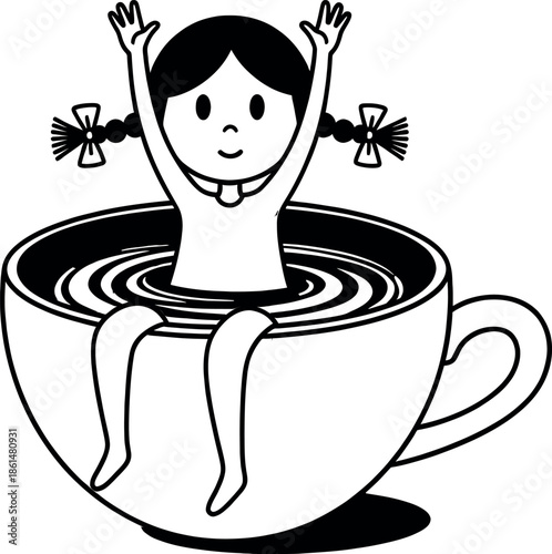 A cartoon girl sitting in a teacup with her arms raised in excitement