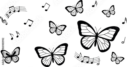 Black and white butterflies and music notes on a in a whimsical design