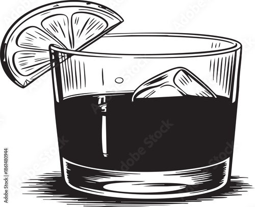 Refreshing beverage illustration featuring a glass of whiskey with ice cubes and a lime garnish