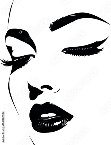 Black and white illustration of a womans face with closed eyes and long eyelashes