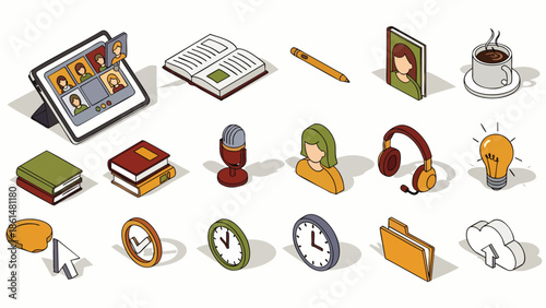 Isometric icons set for remote work, online learning, virtual meetings, and digital productivity. Collection of modern business and education tools.