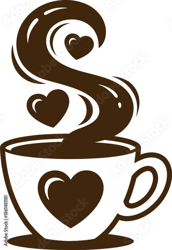 Brown coffee cup with heart design and steam rising
