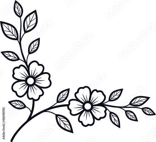 Black and white line drawing of flowers and leaves on a stem