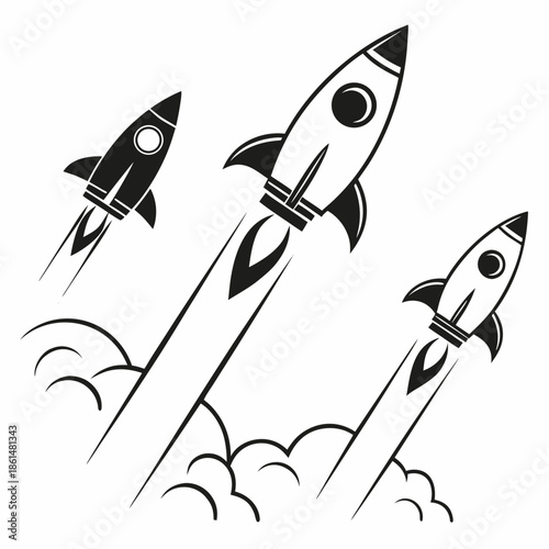 Black and white rocket ship icons set for design