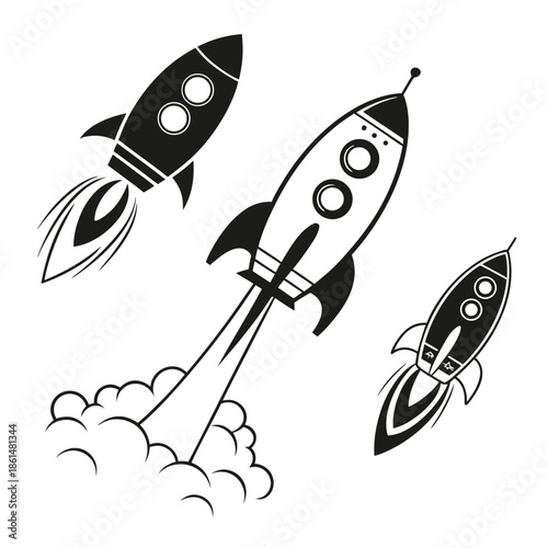 Black and white rocket ship icons set for design