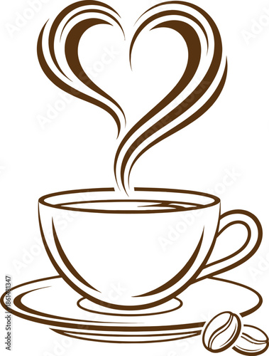Brown coffee cup with heart steam and coffee beans