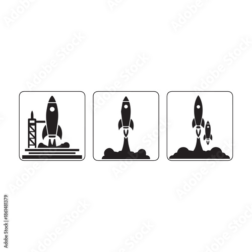 Black and white rocket ship icons set for design