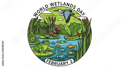 World Wetlands Day circular illustration featuring a vibrant wetland ecosystem with a heron, frog, fish, water lilies, and cattails on an isolated white background.