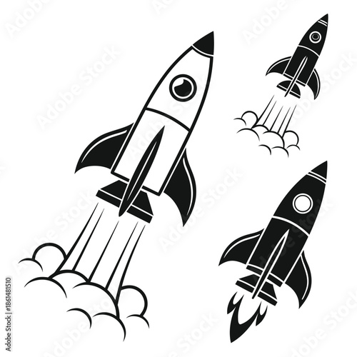 Black and white rocket ship icons set for design