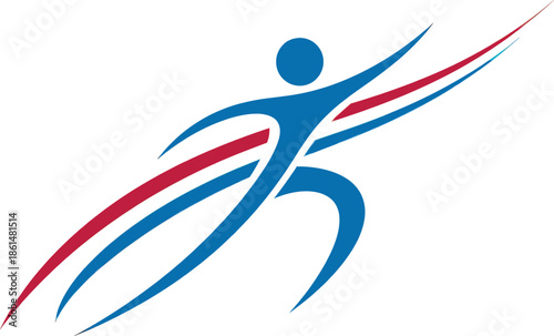 A blue and red abstract human figure logo on with dynamic lines