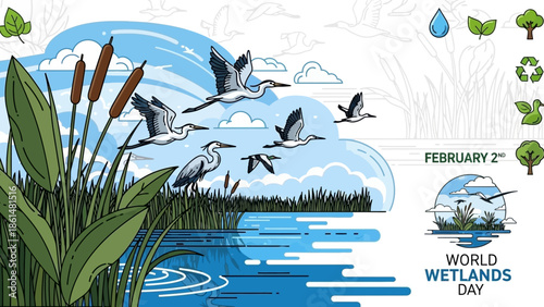 World Wetlands Day broad landscape illustration depicting herons flying over a serene wetland with cattails, reeds, and water under a blue sky, accented by conservation symbols.